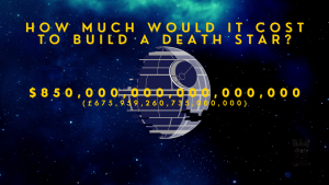 Stylised image of the Death Star with text showing the building cost that reads 850 quadrillion dollars