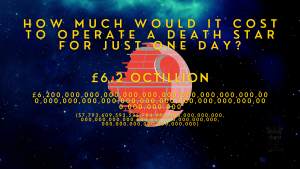 Stylised image of the Death Star with text saying the running cost per day is around 6.2 octillion dollars